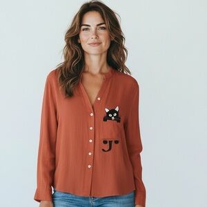Chili Pepper Red  Guazy Button-Up Shirt with Cat Pocket Design in size medium
